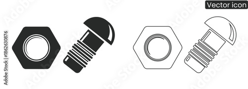 Vector icons of bolt and nut in black and white for industrial and engineering designs