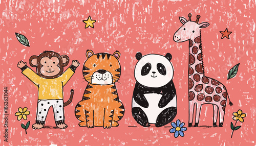 Adorable cartoon animals play together in colorful scene