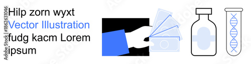 Healthcare funding, medical innovation, pharmacology, scientific research, genetic studies, biotechnology. A hand holding money, a vial and a DNA strand. Healthcare funding and medical innovation