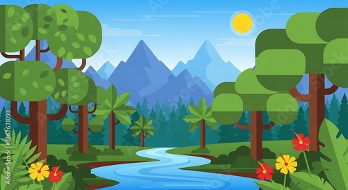 Vibrant Tropical Jungle Landscape with Winding River and Majestic Mountains.