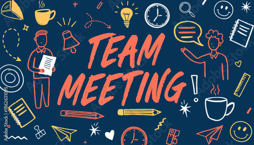 Modern team meeting with creative illustrations and stationery