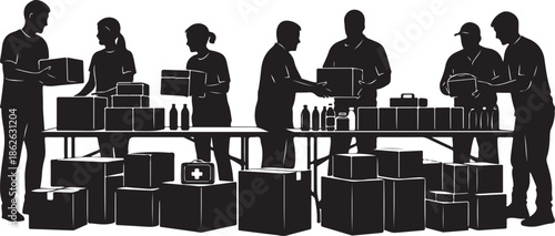 A group of people packing boxes and supplies in a warehouse