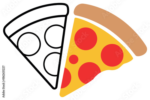 One slice of pizza is colored and the other is outlined, representing creativity and food.