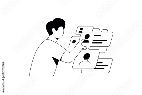 A person selects a profile from a stack of digital cards representing people.