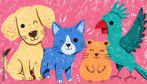 Adorable dog, cat, bear, and parrot friends together