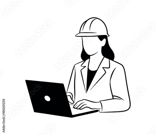 A person in a hard hat works on a laptop, representing engineering or construction.