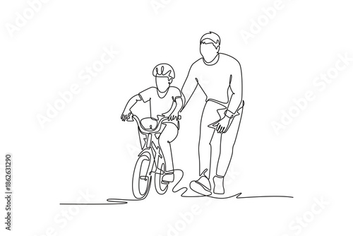 Single one line drawing man father running and assisting boy son child on a bicycle. Parent teaching a kid bike riding and independence. Modern continuous line draw design graphic vector illustration
