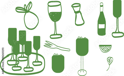 Hand Drawn Green Cocktail and Wine Glass Icons — Minimal Drinks Vector Illustration Set