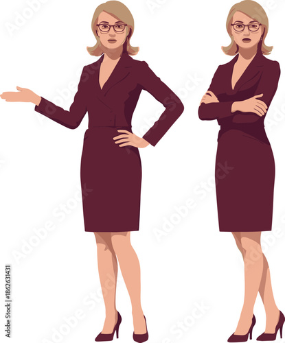 Professional businesswoman character illustration showing confident female manager in formal suit presenting and standing with crossed arms isolated white background