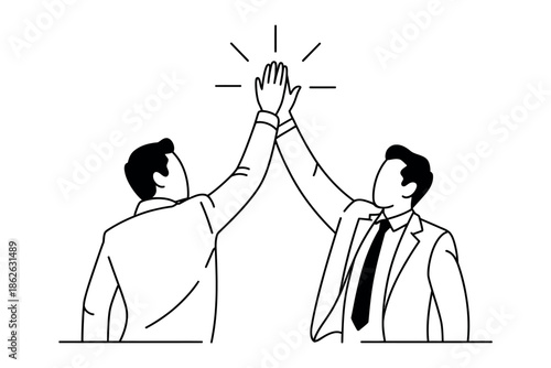 Two businessmen give each other a high five in celebration and teamwork.