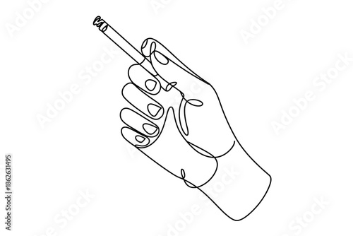 A continuous line drawing shows a hand holding a cigarette against a white background.