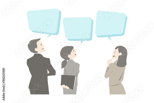 仕事について相談・議論する若いスーツの男女と吹き出しのイラストセット