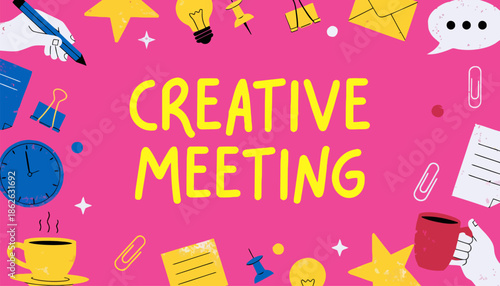 Creative meeting with brainstorming and planning elements around