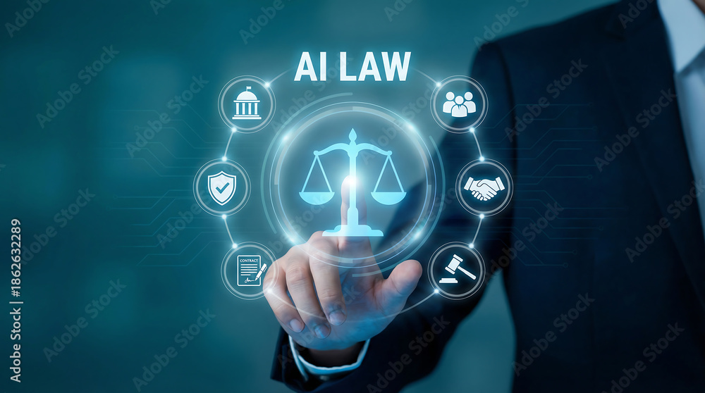 Fototapeta premium businessman pointing at virtual ai law interface with glowing digital scales of justice and legal icons for artificial intelligence regulation and cyber security technology
