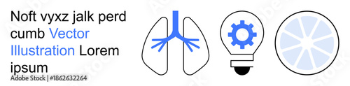 Healthcare, biology, innovation, medical research, diagnostics, creativity. Blue lungs, gear inside a lightbulb abstract circular design. Healthcare and biology concept