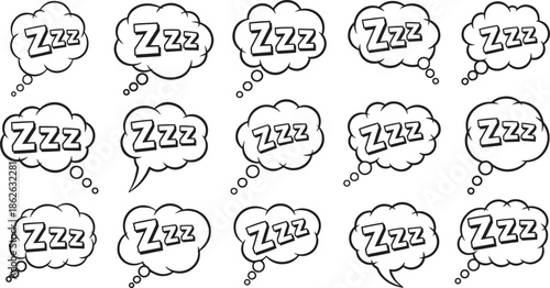 Set of Comic Style Dream Clouds featuring Zzz Sleeping Text, Hand-Drawn Thought Bubbles and Creative Pop Art Bedtime Symbols