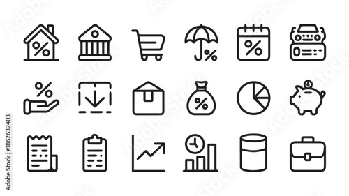 Collection of black and white financial icons representing various aspects of commerce and trade in a simple line art style
