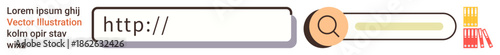 Online navigation, web searches, digital tools, internet exploration, user interface, website design. Search bar with http text and magnifying glass icon. Online navigation and web searches concept