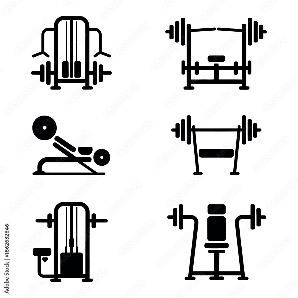 Obraz premium Gym equipment icons set for fitness and workout Vector
