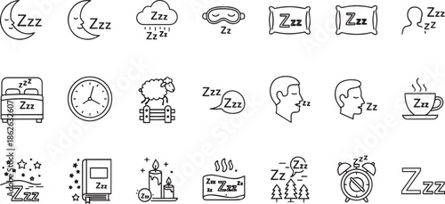 Set of Cozy Night Routine Icons featuring Sleeping Human Profiles, Relaxation Candles, Bedtime Story Books and Counting Sheep Illustrations