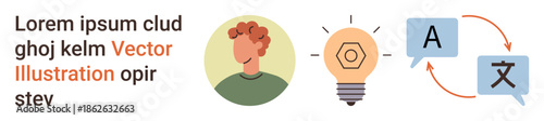 Language learning, creativity, knowledge sharing, communication, innovation, interpretation. Person icon, light bulb speech bubbles with translation symbols. Language learning and creativity concept