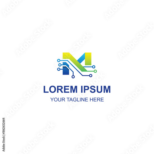 Modern digital technology letter M circuit board logo design for tech company with Creative Illustration