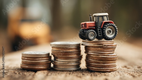 Tractor on stacks of coins representing agricultural finance