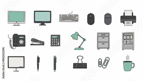 Office Supplies and Equipment Illustration Set for Business.