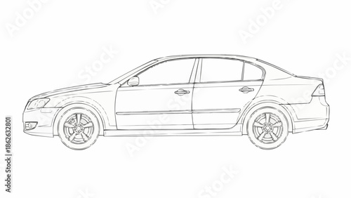 Detailed Line Art Illustration of a Modern Sedan Car.