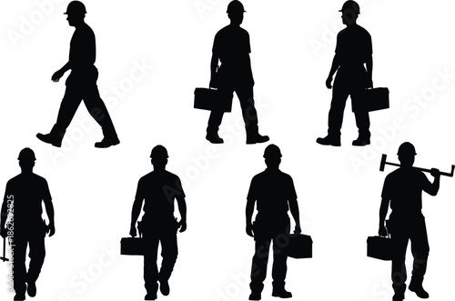 Construction worker silhouette collection, laborers carrying toolbox and tools, industrial worker walking poses, handyman working figure illustration set