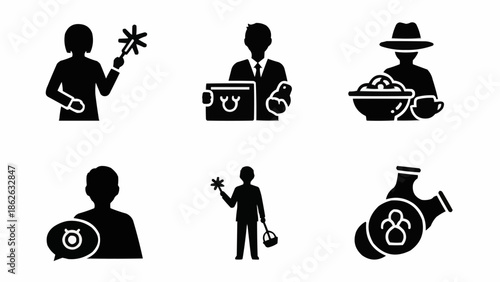 Collection of Silhouette Icons Depicting Various Professions and Activities.