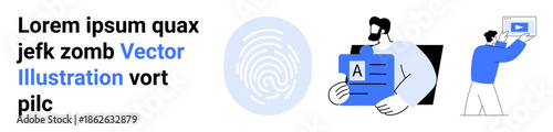 Large fingerprint icon, a man holding a document, and another person analyzing on a screen. Ideal for digital security, biometrics, identity, analysis, document verification, cybersecurity simple