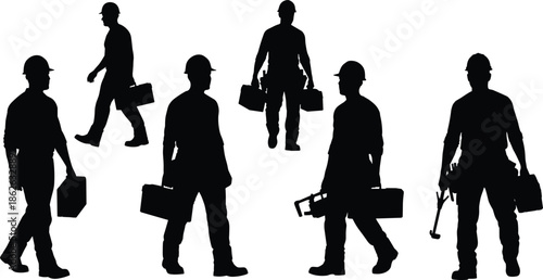 Construction worker silhouette collection, laborers carrying tools and toolboxes, industrial worker poses set, handyman walking illustration graphic