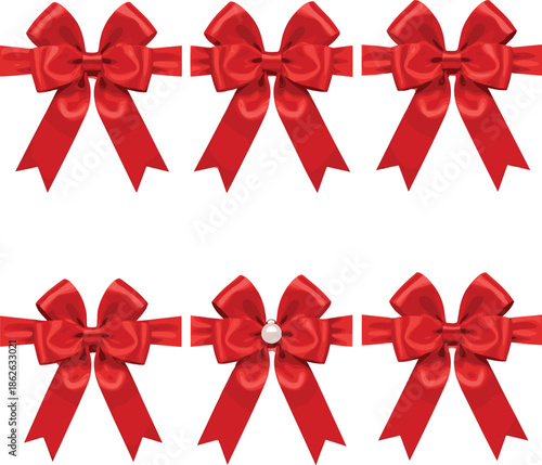 Red Christmas Ribbon Bow Set with Shiny Satin Gift Decoration Elements Flat Vector Illustration