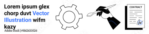 Hand with brush painting gear symbolizing creativity and innovation, signed contract signifying agreement, placeholder text for layout. Ideal for creativity, design, engineering, agreements