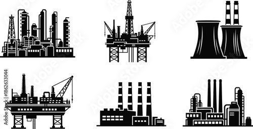Industrial refinery, offshore oil rig, power plant, heavy manufacturing factory, energy production infrastructure silhouettes, engineering industry icons set illustration
