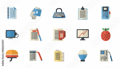 Office Supplies and Business Icons Set for Professional Use.