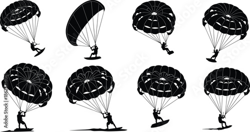 Kitesurfing silhouette collection, parachute gliding surfers, extreme water sports action, parasailing figures set, adventure sport illustration bundle