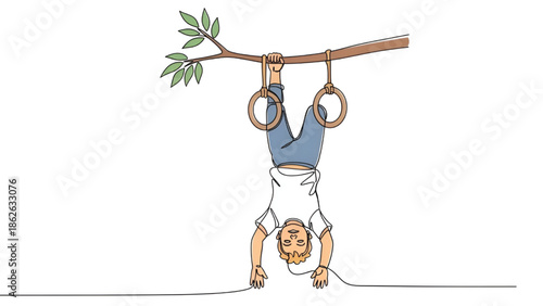 Young Man Doing Handstand on Gymnastics Rings Hanging from Tree Branch, Isolated on White Background, Continuous Line Art