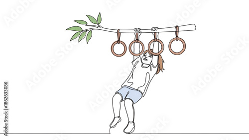 Young Woman Exercising on Gymnastic Rings under Green Branch, Continuous Line Art