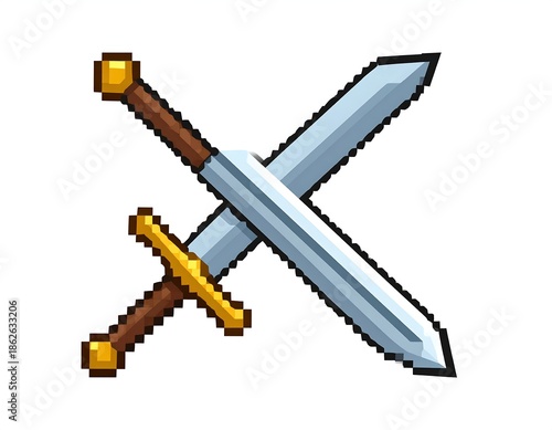 Pixelated crossed swords in a video game style on white background