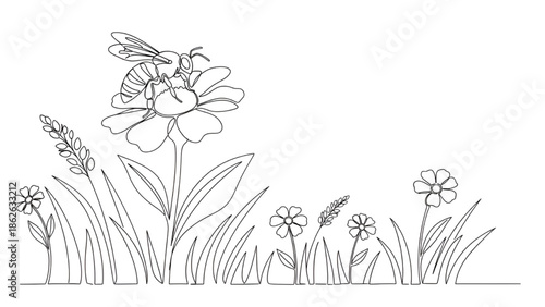 Bee Pollinating Flower in Garden Line Art Illustration