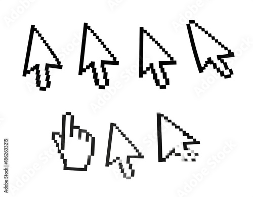 Pixelated cursor icons in various forms, on white background