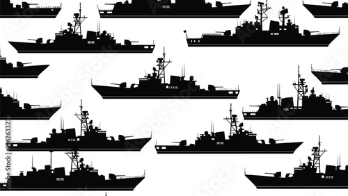 Military warship silhouettes, naval destroyer fleet, battleship illustration, maritime defense vessels, combat ship collection, navy patrol boats for strategic artwork