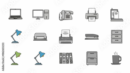 Office Equipment Icons - Essential Tools for Workplace Productivity.