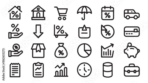 A collection of twenty black and white line art icons representing financial concepts and business elements