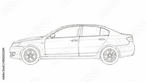 Detailed Line Art of a Modern Sedan Car.
