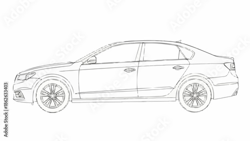Detailed Line Art of a Modern Sedan Car.