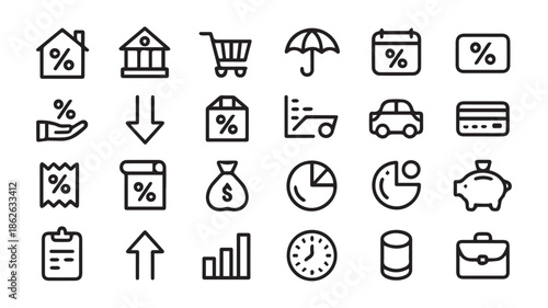 A collection of 20 black and white line art icons representing finance and commerce