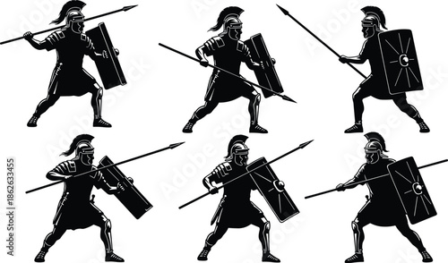 Roman soldier battle silhouette set, ancient warrior holding spear and shield, historic combat poses, legion fighter illustration for graphic design